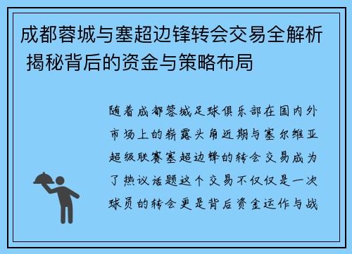 成都蓉城与塞超边锋转会交易全解析 揭秘背后的资金与策略布局 成都蓉城与塞超边锋转会交易全解析 揭秘背后的资金与策略布局