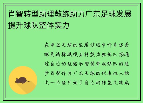 肖智转型助理教练助力广东足球发展提升球队整体实力 肖智转型助理教练助力广东足球发展提升球队整体实力