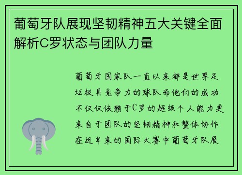 葡萄牙队展现坚韧精神五大关键全面解析C罗状态与团队力量